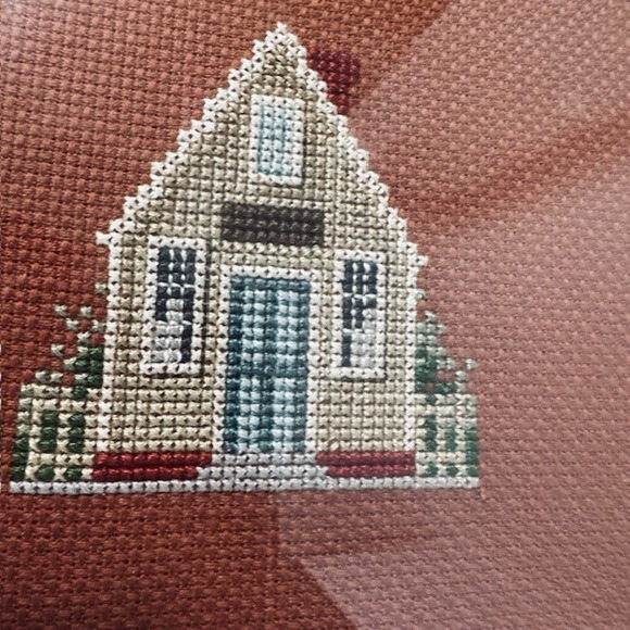 Vintage Framed Matted Cross Stitched Embroidered Folk Art Cabin/Church/LakeCabin - Picture 11 of 16